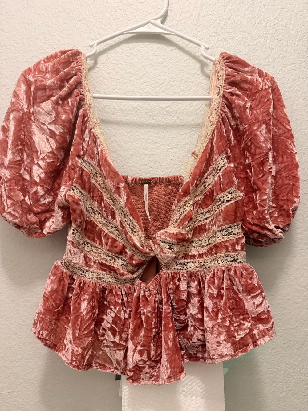 Free People Rose Crushed Velvet Lace-Trim Peplum Top